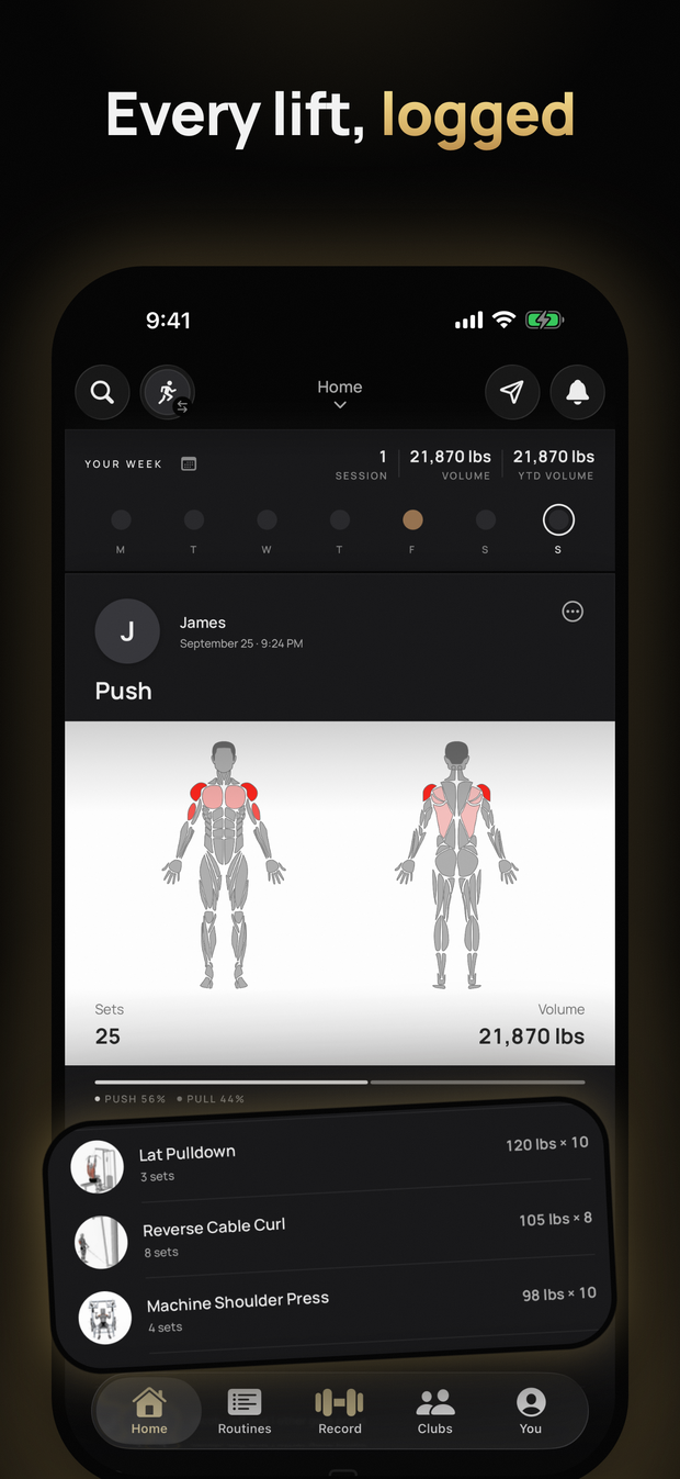 Pressure's App Store picture &ldquo;Every lift, logged&rdquo;: a finished gym session with a muscle diagram, sets, total volume and the exercises done, under the week's totals