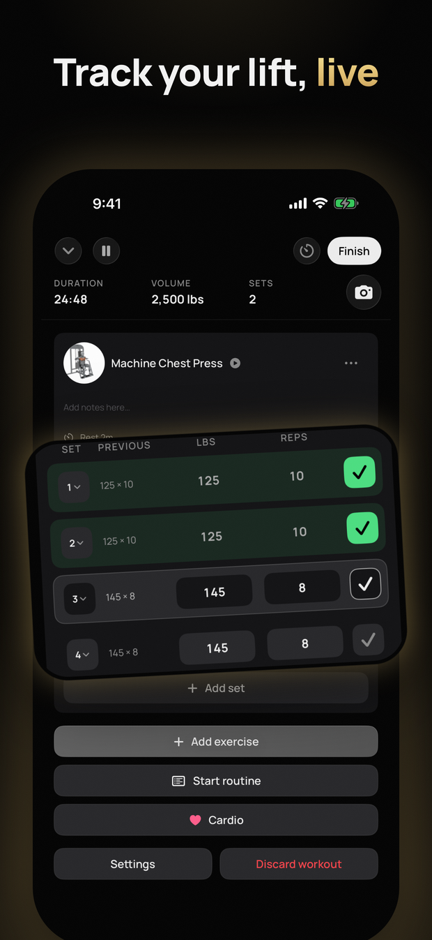 Pressure's App Store picture &ldquo;Track your lift, live&rdquo;: a gym session in progress, with weights and reps checked off set by set