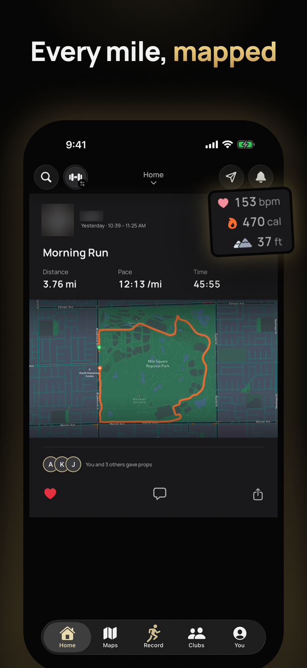 Pressure's App Store picture &ldquo;Every mile, mapped&rdquo;: the feed with a run's route map, distance, pace and time, beside its heart rate and calories